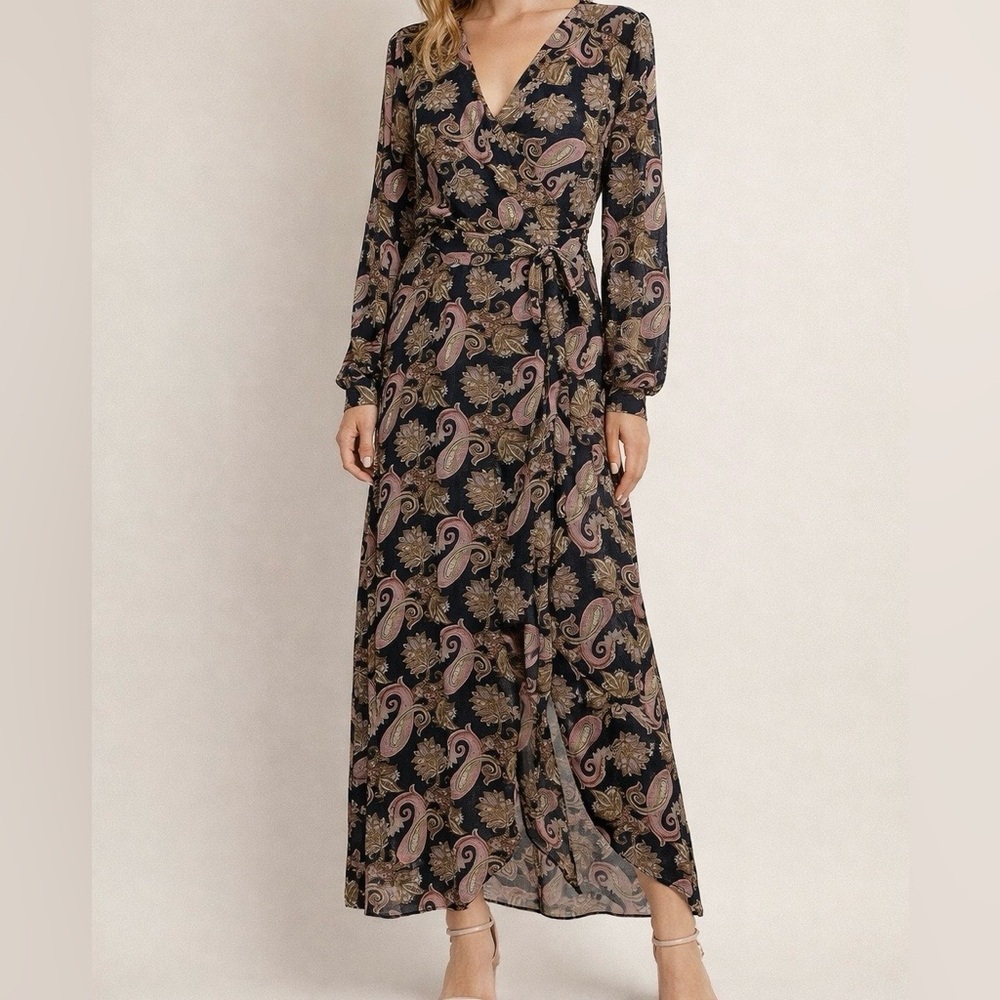 Oober Swank Paisley Boho Maxi Dress Long Sleeve Size M